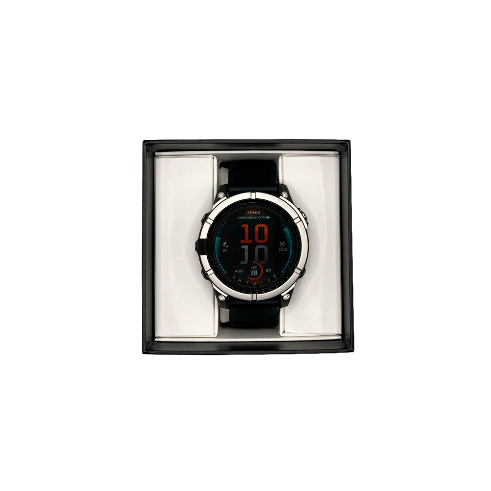 Outlet Relógio Garmin fēnix E - 47mm Aço inoxidável com pulseira de silicone preta