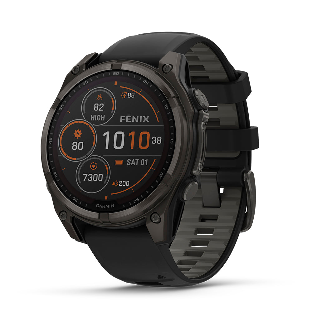 Relógio Garmin fēnix ® 8 Safira Solar Titânio Cinza Carbono e Preto